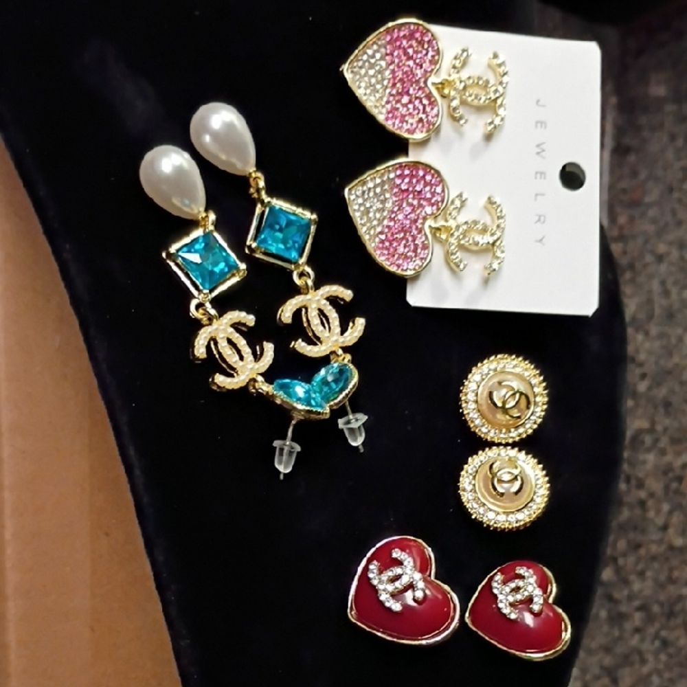CHANEL Gold and Red Heart Earrings with Pearl and Blue Accents Bundle